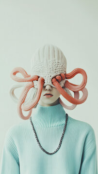 Crocheted Knitted Pink red white Octopus Tentacle Hat, helmet, mask Displayed on female model, Creative, Humurous and Playful Winter Knitwear Fashion Concept