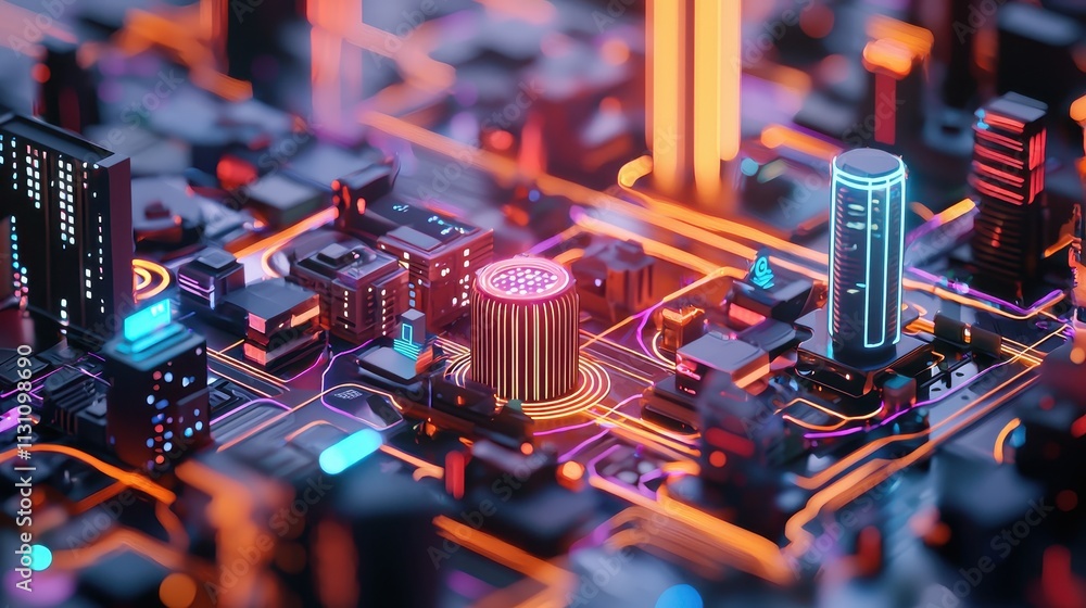 Poster close-up view of smart sensors and iot devices in a futuristic urban landscape with neon lights and 