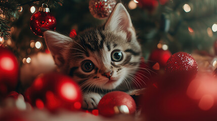 Obraz premium Curious kitten exploring festive decorations and sparkling ornaments during a cozy Christmas celebration. Generative AI