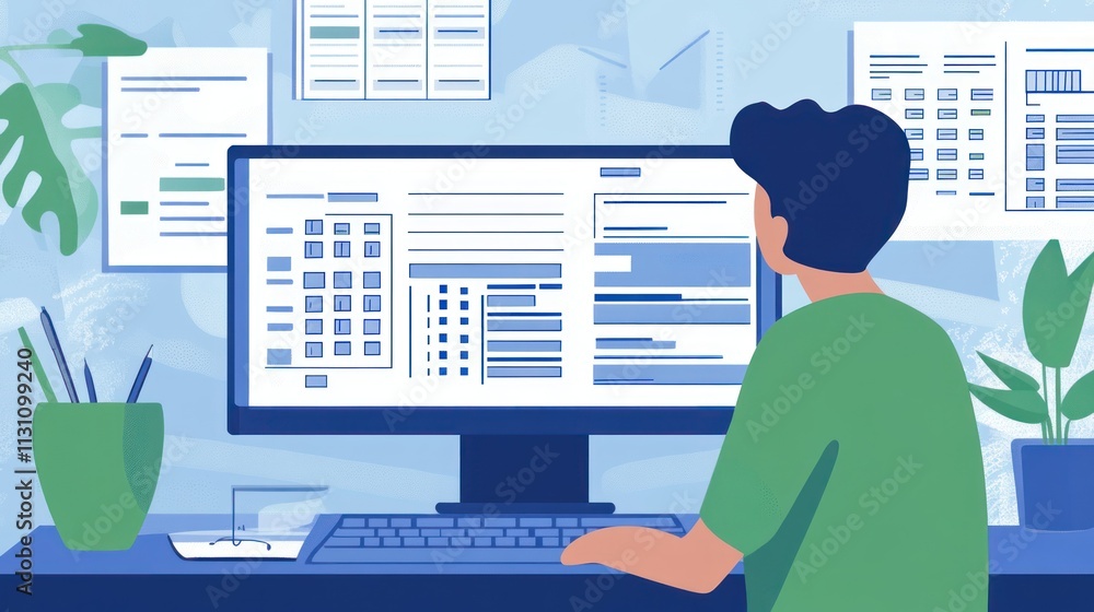 Poster A person working at a computer surrounded by documents and plants in a modern workspace.