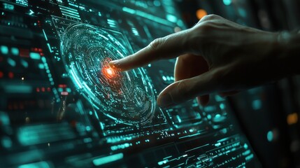 Cybersecurity Expert Managing Firewalls and Encrypting Data with Holographic Interfaces in Secure Server Room