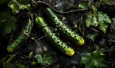Obraz premium Three Dark Green Cucumbers Resting On Vines And Leaves