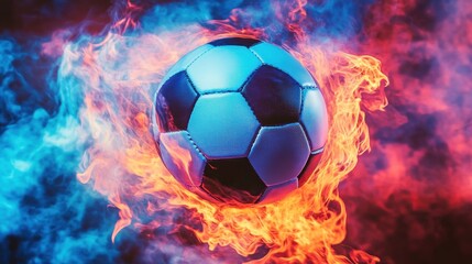 Naklejka premium Vibrant Soccer Ball Surrounded by Dynamic Blue and Orange Flames in Motion