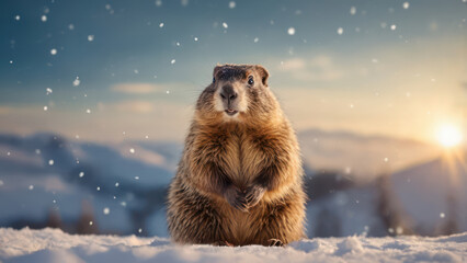Obraz premium groundhog in the snow predicts the next year