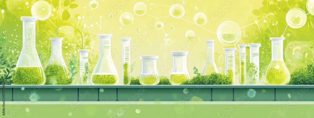 Poster A colorful array of laboratory glassware filled with green substances, symbolizing scientific exploration.