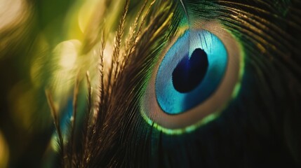 Obraz premium Close-up peacock feather, vibrant colors, iridescent eye.