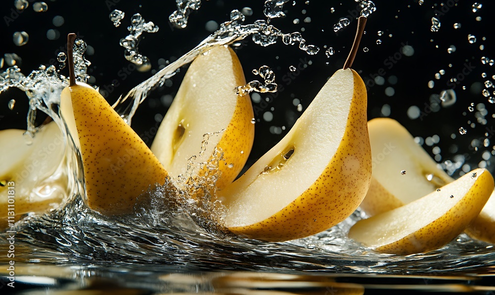 Poster sliced pears splashing in water creating a dynamic scene