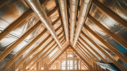 A bright and airy attic showcasing wooden beams and silver ductwork, illustrating a blend of construction and design.