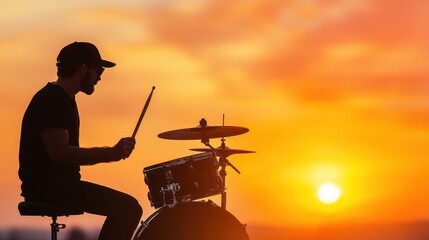 Naklejka premium A silhouetted drummer plays against a vibrant sunset, capturing the essence of music and creativity in a stunning outdoor setting.