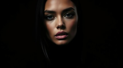 Fototapeta premium Mysterious Gaze: A captivating portrait of a woman with a captivating gaze, her face emerging from the darkness, drawing the viewer into her world. The image evokes a sense of intrigue, mystery.