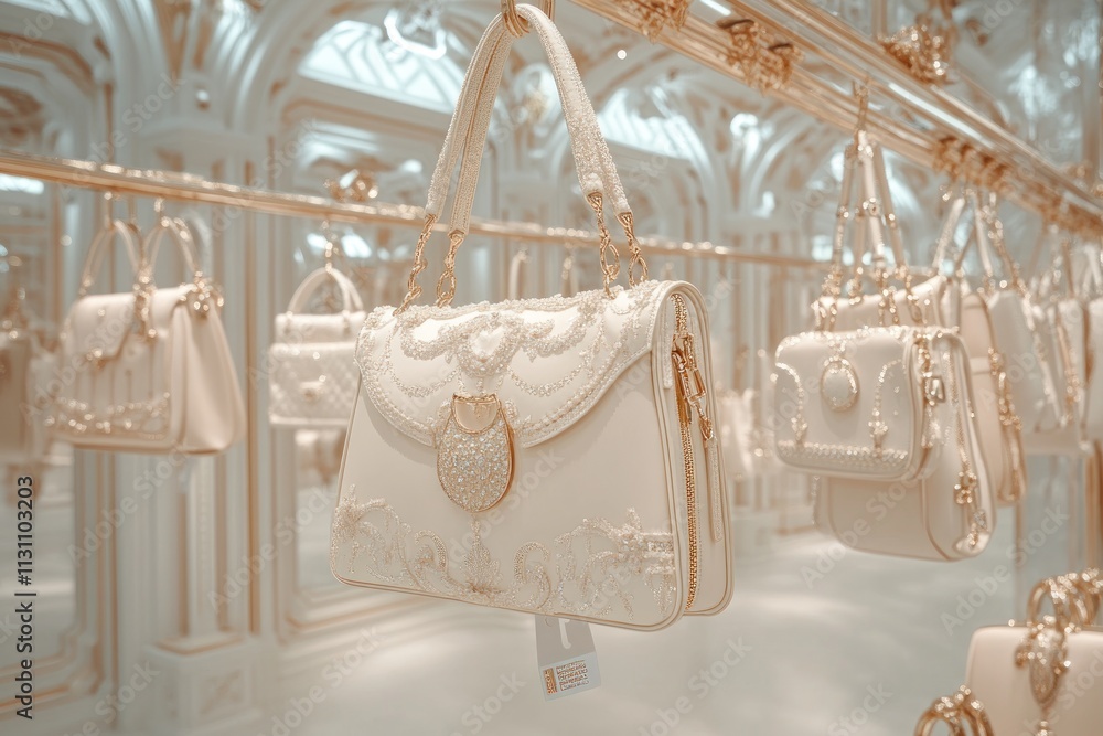 Poster a display of elegant handbags in a luxurious, mirrored setting.