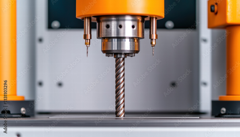 Poster material science metals strength. precision machining tool with a spiral drill bit and orange compon