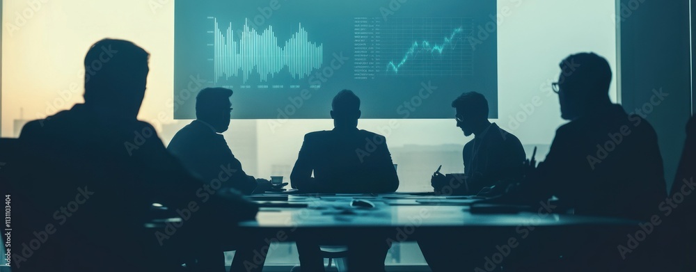 Poster a business meeting with silhouettes discussing financial data displayed on a screen.