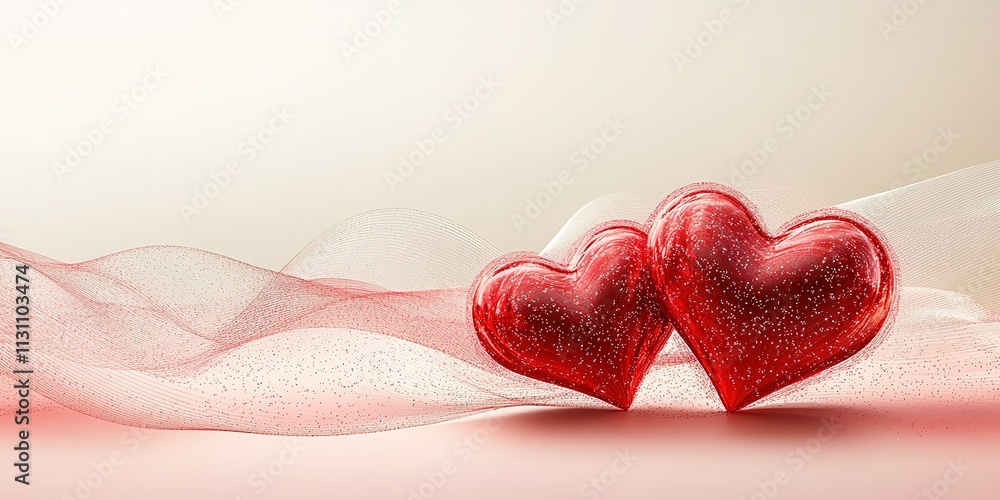 Poster two glossy red hearts surrounded by soft floating fabric in a romantic setting
