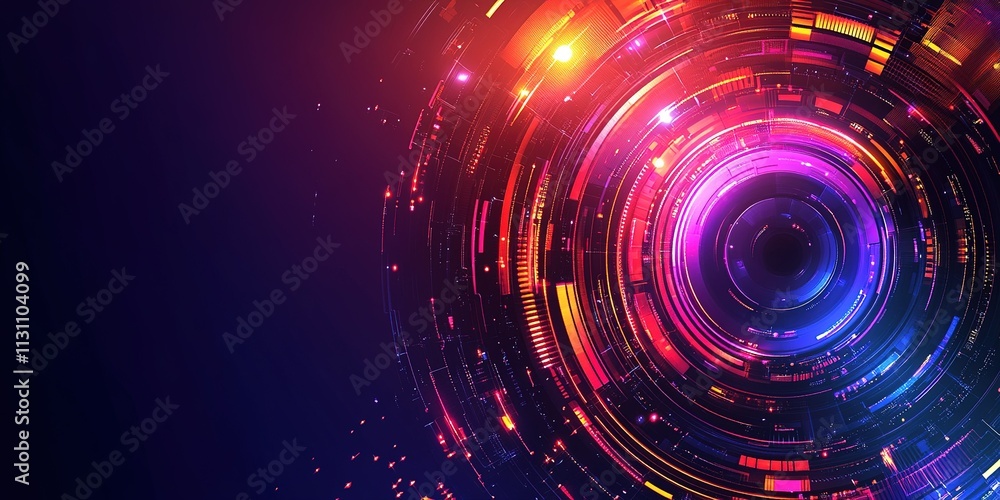 Poster vibrant circular digital design with glowing lights and intricate patterns creating a futuristic amb