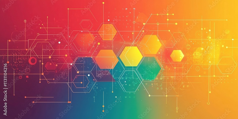 Poster Colorful geometric patterns with hexagons and lines creating an abstract digital background design for creative projects