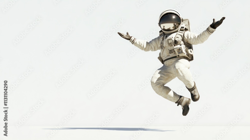 Poster an astronaut joyfully floating in a minimalist, white environment.