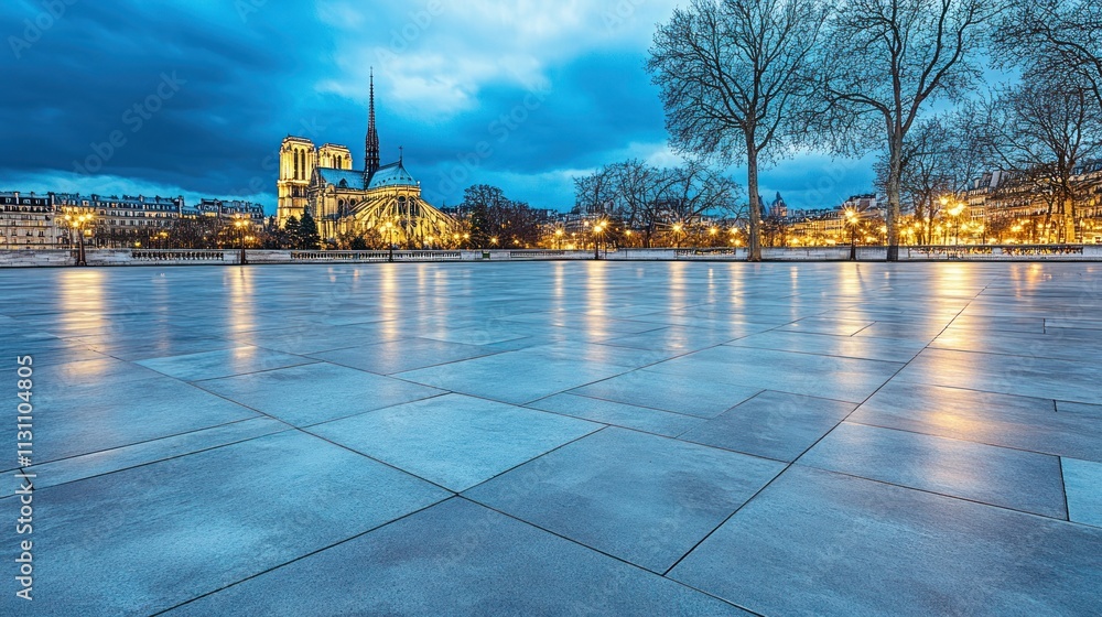 Poster evening view of a city square with reflections and historical architecture in the background.