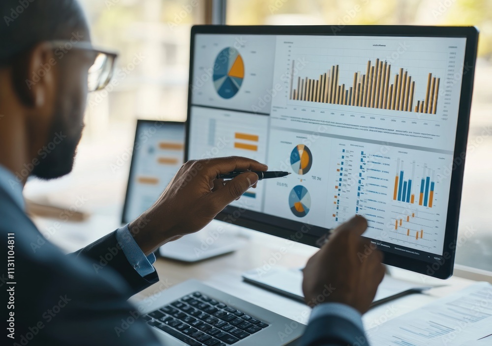 Poster A professional analyzing data on multiple screens with charts and graphs.
