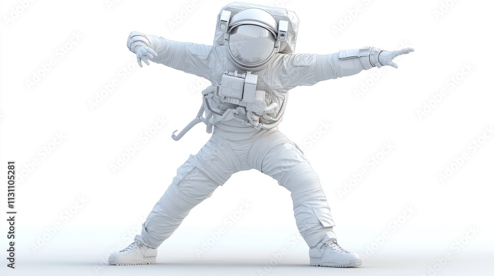 Poster a stylized astronaut in a dynamic pose against a white background.