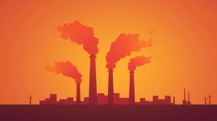 Obraz premium A stylized silhouette of industrial smokestacks emitting smoke against a vibrant orange sunset background, symbolizing pollution and industrial activity.