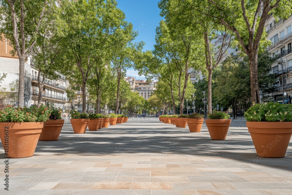 Poster a sunny plaza lined with large potted plants and trees, creating a serene urban environment.
