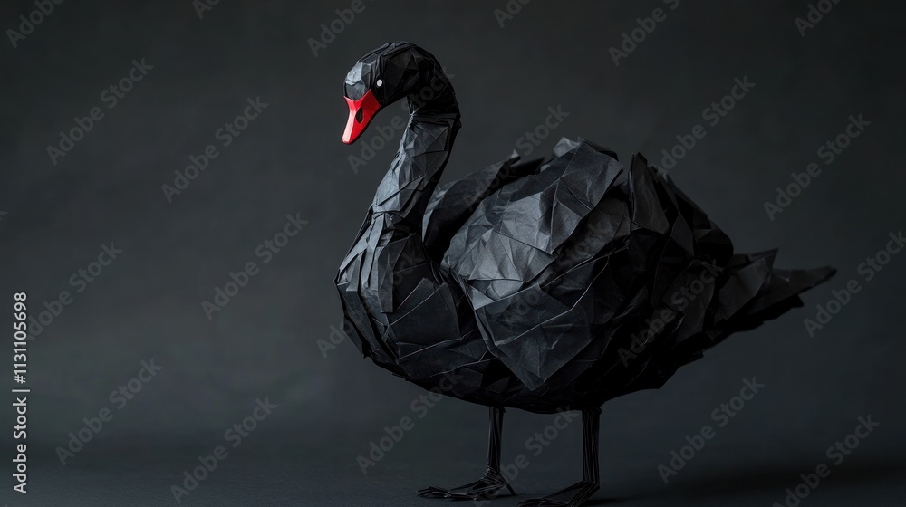 Poster a detailed origami representation of a black swan with a red beak against a dark background.