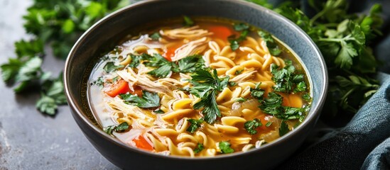 Bowl chicken noodle soup with fresh herbs, warming the kitchen on a cold day