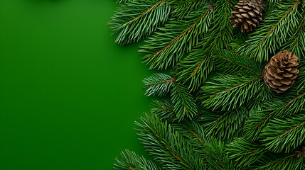 Obraz premium Lush green pine branches with cones against a vibrant green background, creating a festive and natural atmosphere.