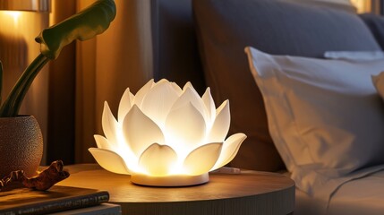 Illuminated lotus flower table lamp on nightstand.