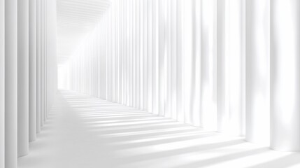 Obraz premium Bright white hallway with many columns, light shining from the end.