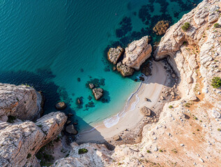 Aerial view of secluded beach and rocky cliffs with turquoise water