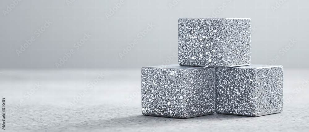 Poster material science metals strength. three textured gray cubes stacked on a smooth surface.