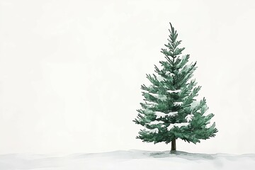Obraz premium Single snow-covered evergreen tree in a snowy landscape on a white background. Watercolor winter illustration. Nature and Christmas season concept with copy space.