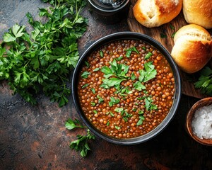 Bowl hearty lentil soup with fresh herbs and bread rolls on a rustic kitchen table