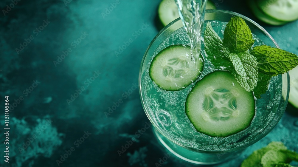 Poster refreshing cucumber mint drink with bubbles and slices, perfect for hydration and relaxation.