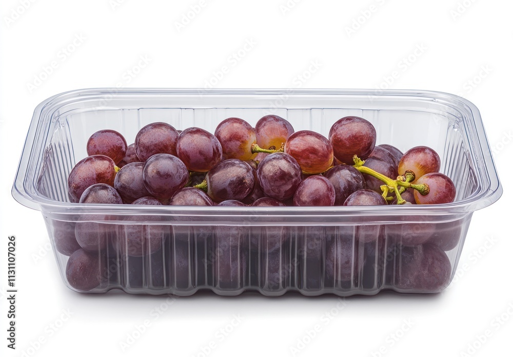 Poster A transparent container filled with fresh red grapes, ready for consumption.