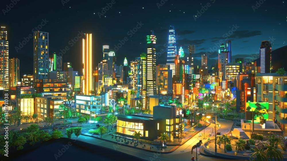 Poster advanced smart city with intelligent systems and vibrant nightlife featuring futuristic architecture
