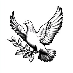 Fototapeta premium Black and white illustration of a dove with an olive branch.