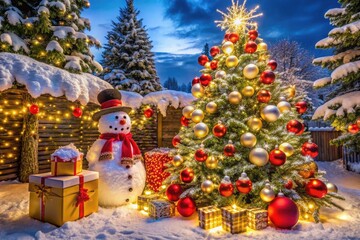 Christmas garden with a big tree, decorated with LED lights, red and yellow balls, and a snowman wearing a red hat and scarf. Gift boxes surround the tree, with snowflakes