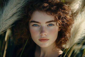 Close-up portrait of a young woman with curly red hair and blue eyes, surrounded by tall grass.