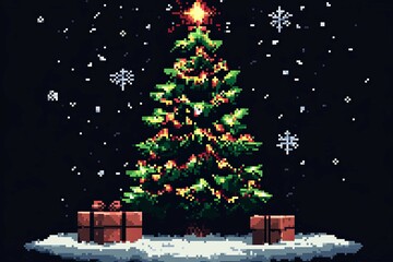 Pixel art Christmas tree decorated with glowing lights and topped with a star, surrounded by falling snow and wrapped gifts on a snowy ground. Retro 8-bit style holiday design.