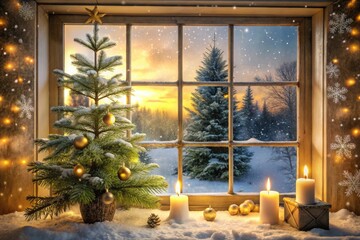 A window with a snowy outdoor scene or a pine tree, soft yellow light shining through. Inside, add candles and pine branches. The window front is perfect for placing products.