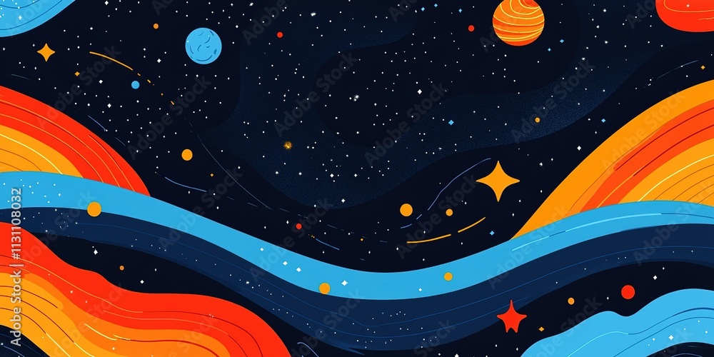 Poster colorful abstract representation of the cosmos with planets and swirling lines in a nighttime settin