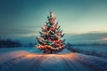 Christmas tree decorated with colorful lights and gifts in a snowy rural landscape at dusk. Outdoor holiday scene. Winter celebration and Christmas season concept for greeting card and poster.