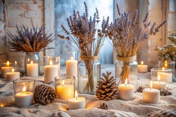 Prayer space idea: Large candles on soft sand in glass vases, paired with dried flowers (lavender, immortelle) and pine accents. Soft candlelight creates a magical, rustic, and peaceful vibe.