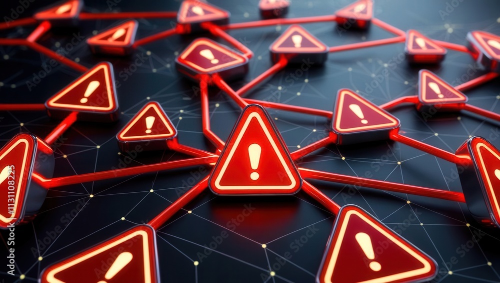 Poster detailed representation of a digital network with warning symbols, emphasizing caution in technology