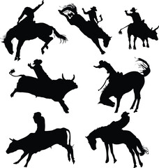Vector Set of Rodeo actions silhouettes isolated on white backgrorund