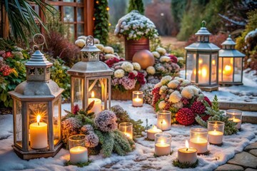 Outdoor prayer area adorned with lanterns and winter flowers: White candle-lit lanterns line the entrance, surrounded by dried hydrangeas, heathers, hollies, creating a warm, sacred ambiance.