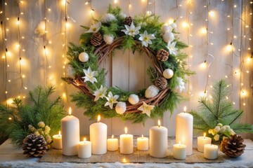 Prayer area design: Fresh pine and cypress wreaths with pine cones hang above a small table holding white pillar candles, pine branches, and pine cones. 